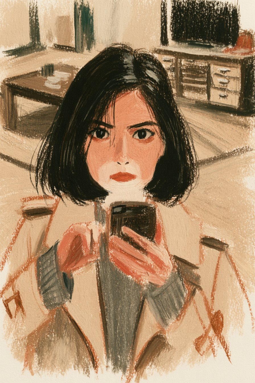 千晴の寄り。スマホを胸の前に両手で構え、画面の白い光を顔に受けて、口を結ぶ。