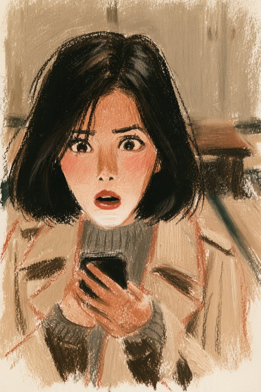 千晴の寄り。ちゃぶ台の横でスマホを見て、目を見開く。画面の白い光が顔に当たる。