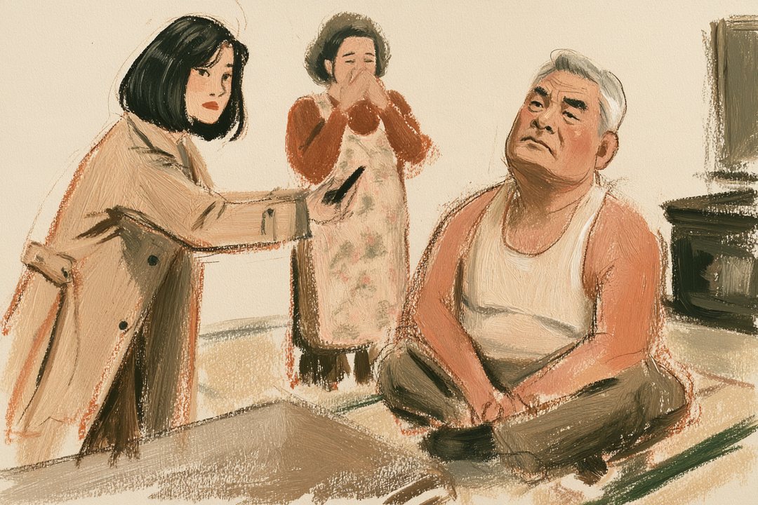 居間を上から。父があぐらのまま天井を仰ぎ、奥で母が口に手を当てて笑いをこらえ、左で千晴がスマホの画面を父へ突き出す。