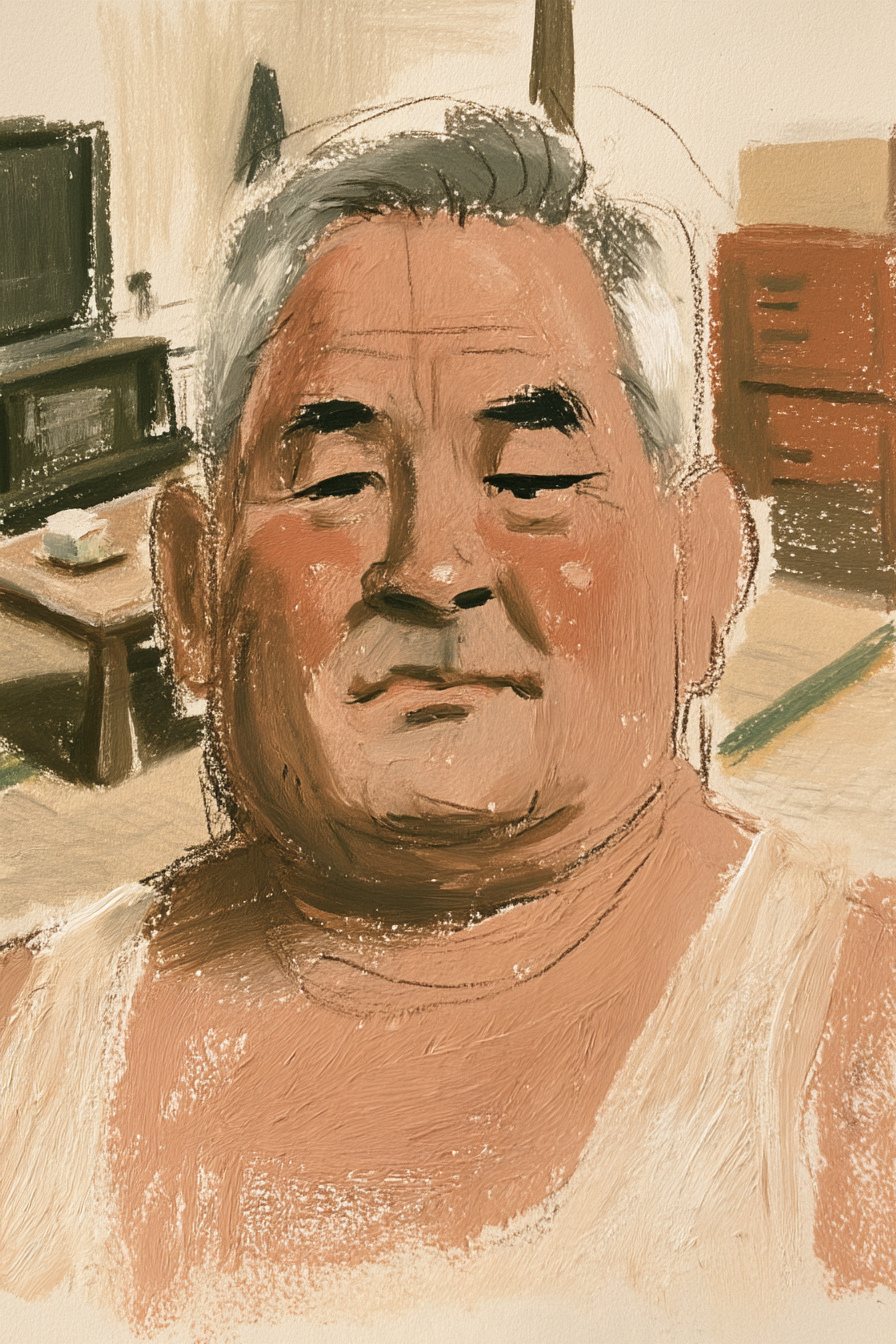 父の顔の寄り。目を半ば閉じ、口を結んで、鼻から長く息を吐く。寄せていた眉の力が抜ける。