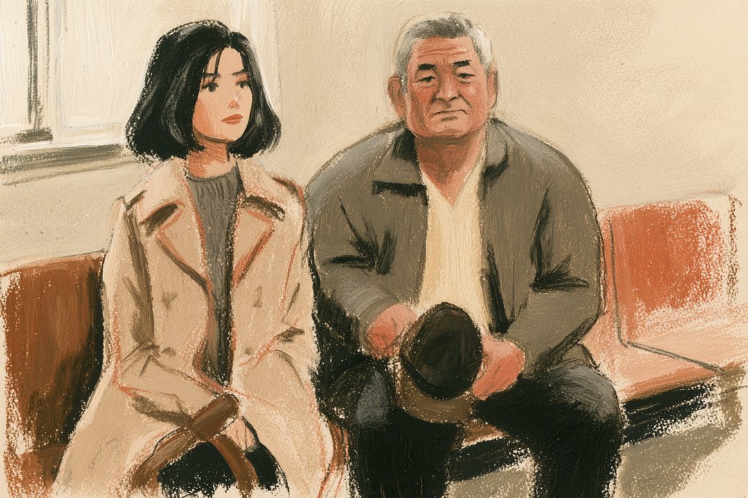 病院の待合の長いす。左に千晴、右によそ行きのジャンパーの父が並んで座る。父は膝の上で帽子を握る。窓からの白い朝の光。