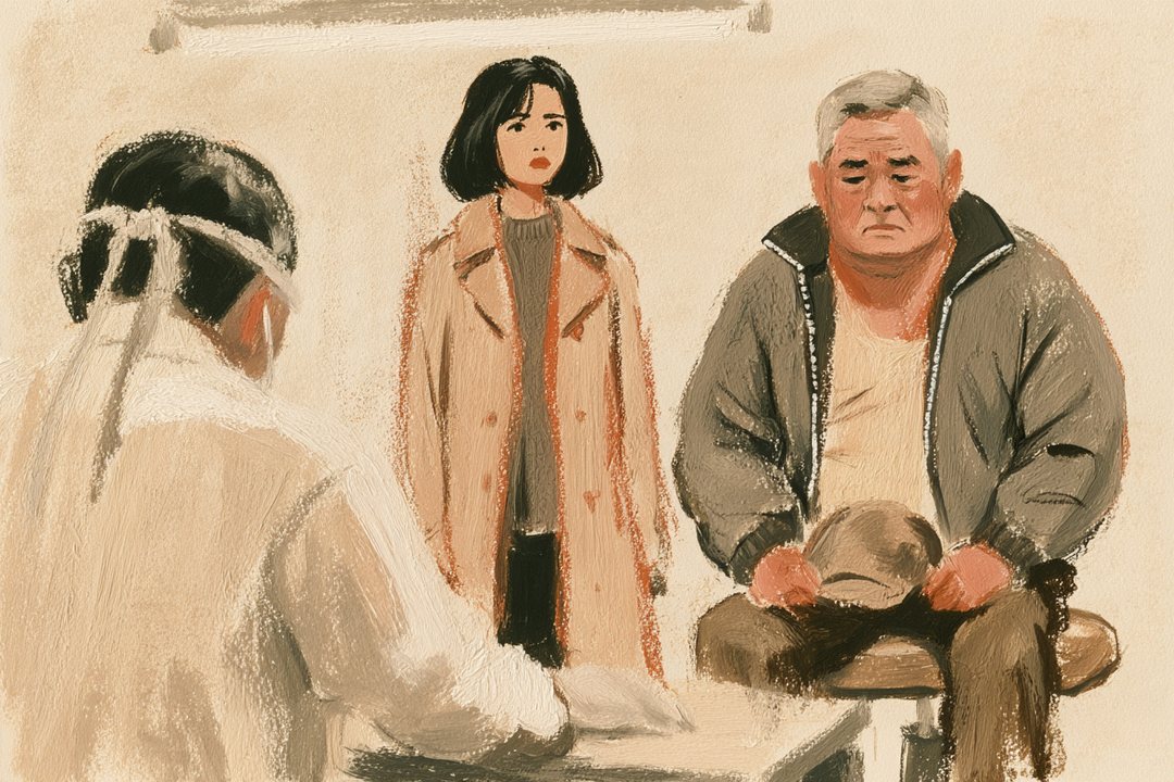 診察室。左手前に白衣の医師の後ろ姿(顔は見えない)、その向こうに立つ千晴と、右の丸いすに座る父。白い蛍光灯。