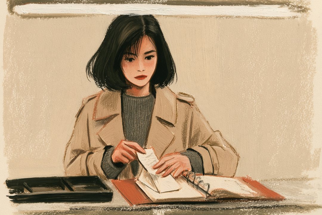 会計の窓口。千晴がトレーの上の領収書を受け取り、たたんで手帳にはさむ。