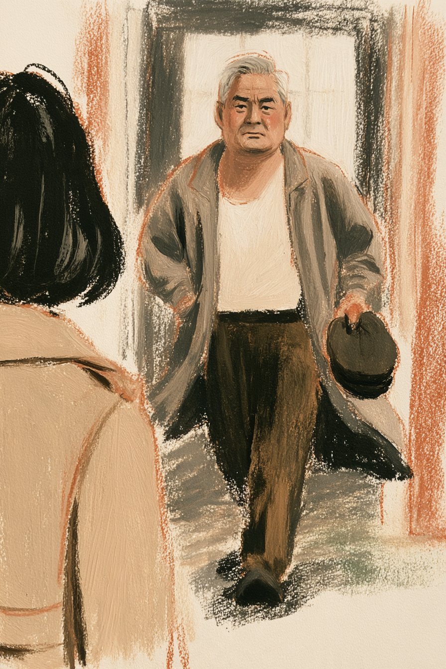 病院の玄関の中。左手前に千晴の後ろ姿。白い肌着に灰色の上着を羽織った父が、帽子を手に早足で入ってくる。白い朝の光。