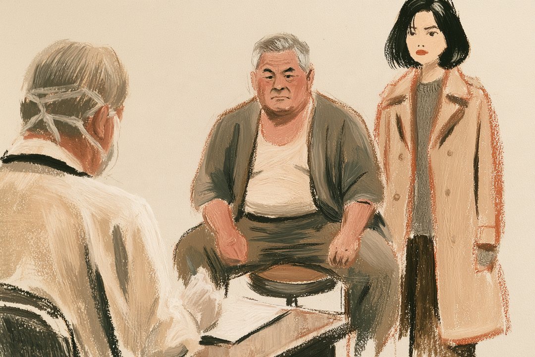 診察室。左手前に白衣の医師の後ろ姿（顔は見えない）。真ん中の丸いすに父が膝に手を置いて座り、右に千晴が立つ。二人とも医師を見る。白い蛍光灯。