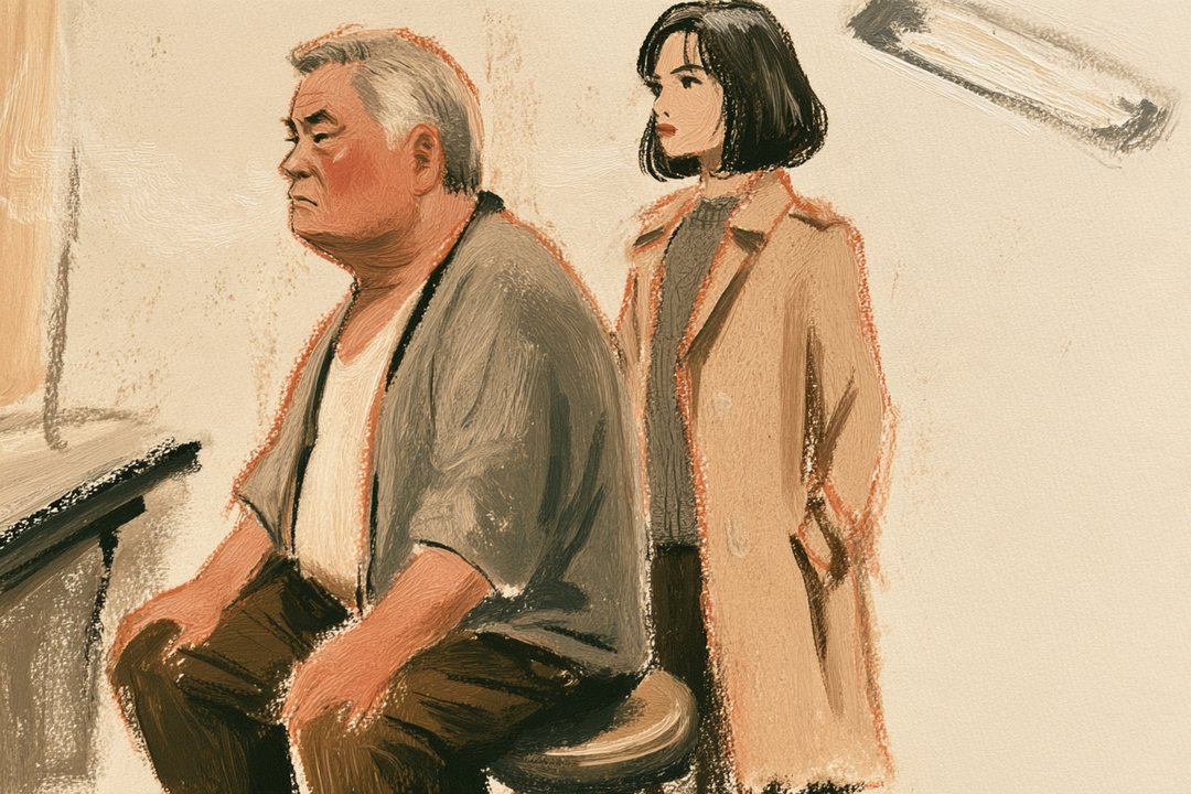 診察室を横から。左の丸いすの父と、その後ろに立つ千晴が、左を向いたまま動かない。
