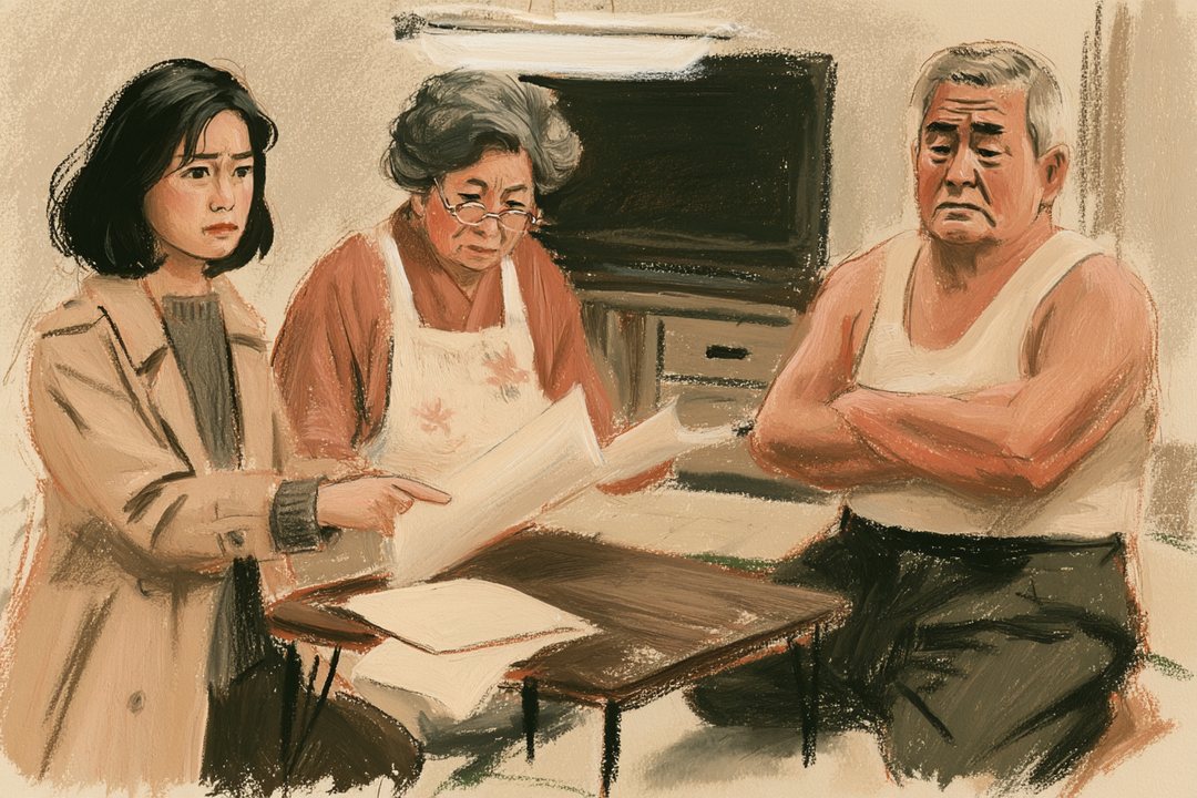 夜の居間。ちゃぶ台に病院の冊子と紙が広がる。左で千晴が冊子を指さし、真ん中で母が老眼鏡をかけてのぞき込み、右で父が腕を組む。白い蛍光灯。