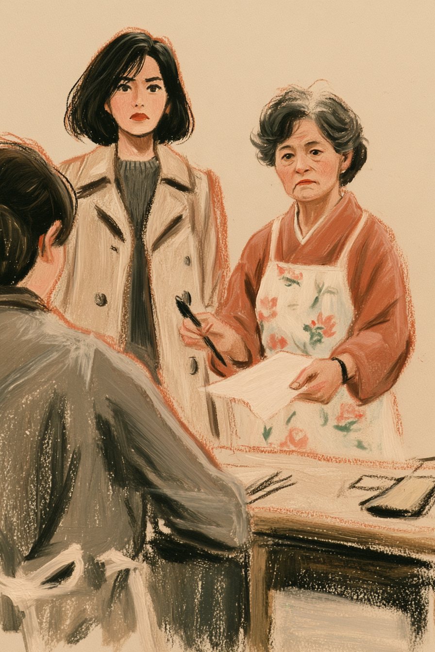 病院の入院の窓口のカウンター。左手前に職員の後ろ姿。その向こうに千晴が立ち、右で母が紙とペンを持つ。