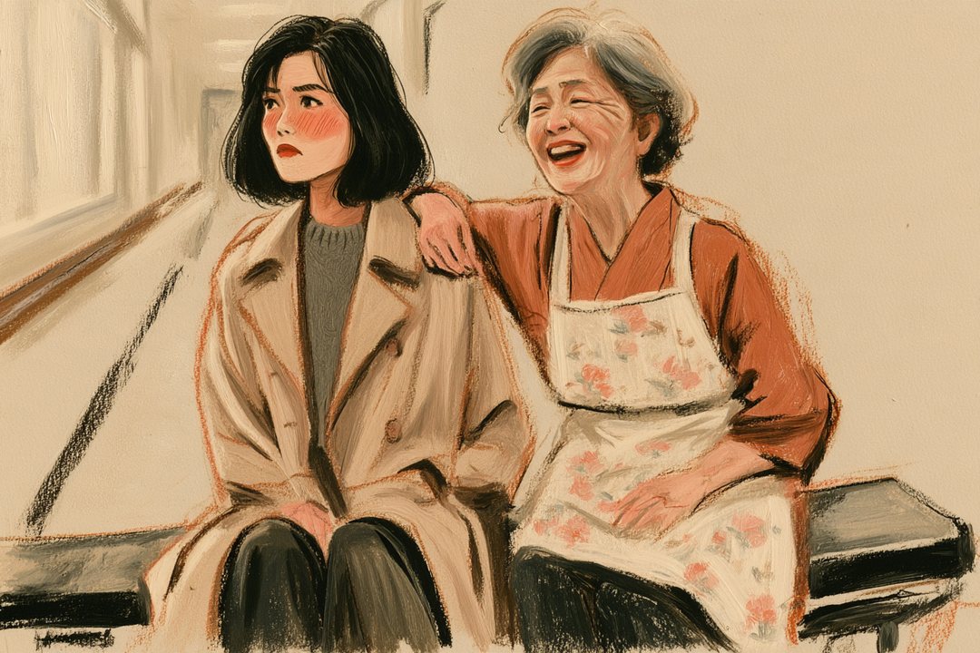 病院の廊下の長いす。母が笑って千晴の肩に腕を回す。千晴は顔を赤くして目をそらす。窓からの白い昼の光。