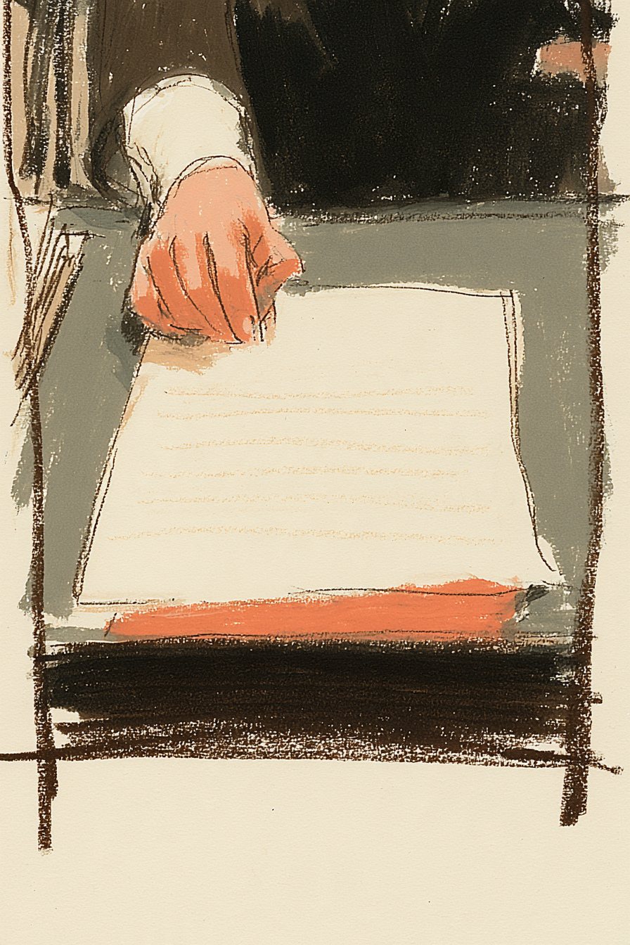 会計の窓口を上から。職員の手が、紙の費用の目安(字は読めない)をカウンターに置く。