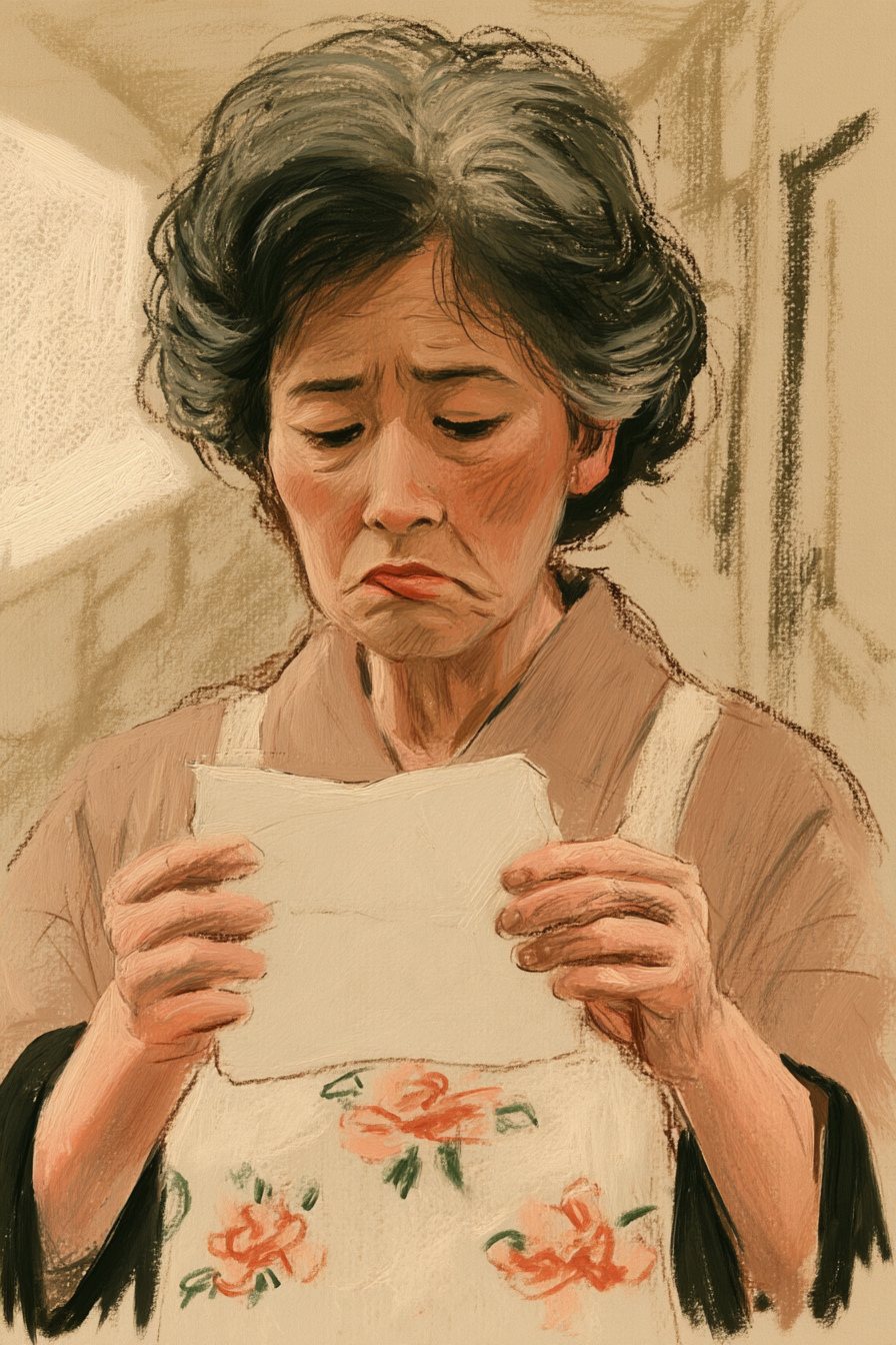 母の寄り。両手で費用の目安の紙を持ち、眉を寄せて口を結ぶ。