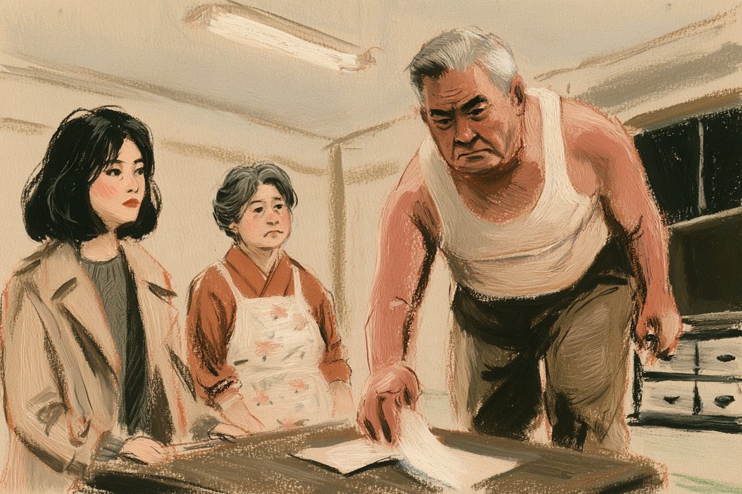 夜の居間。右で父がちゃぶ台の上の費用の目安の紙を裏返し、身を乗り出して立ち上がりかける。左の千晴と、真ん中の母がそれを見る。白い蛍光灯。