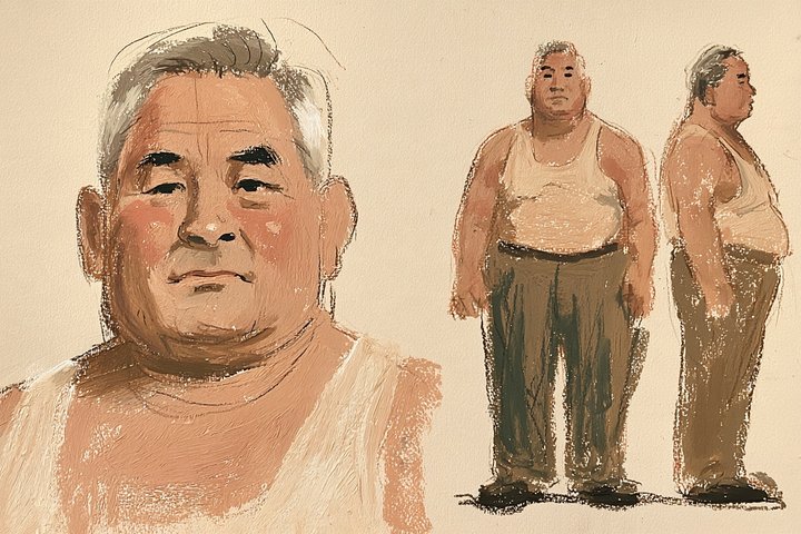 「再検査、行ってないでしょ」の野上 善行の設定画(全身と顔)