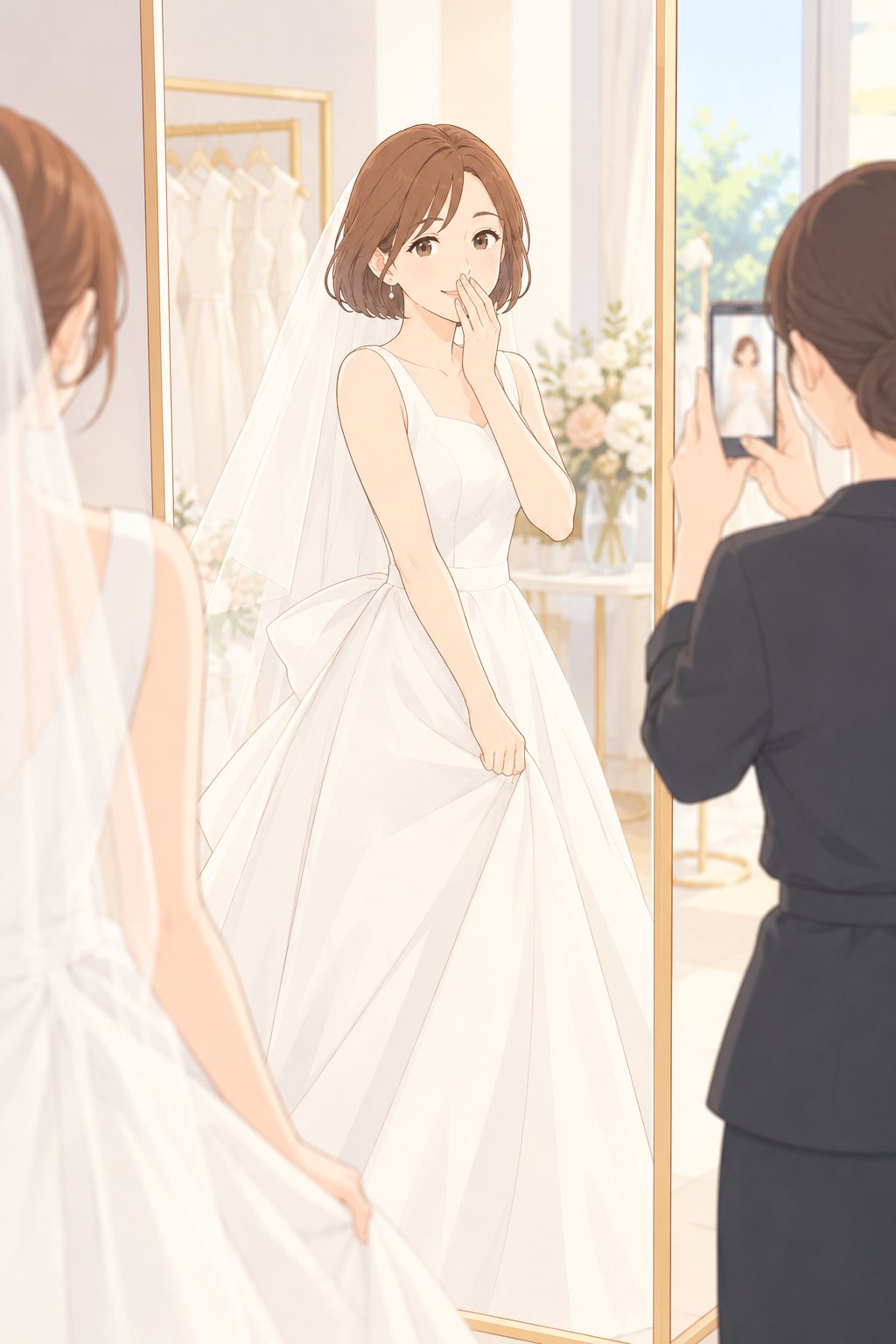 昼のドレスの店。大きな鏡の前で、白いドレスを試着した女性が笑いかけて、とっさに片手で口元を隠す。右で、店の人がスマホを向けている。