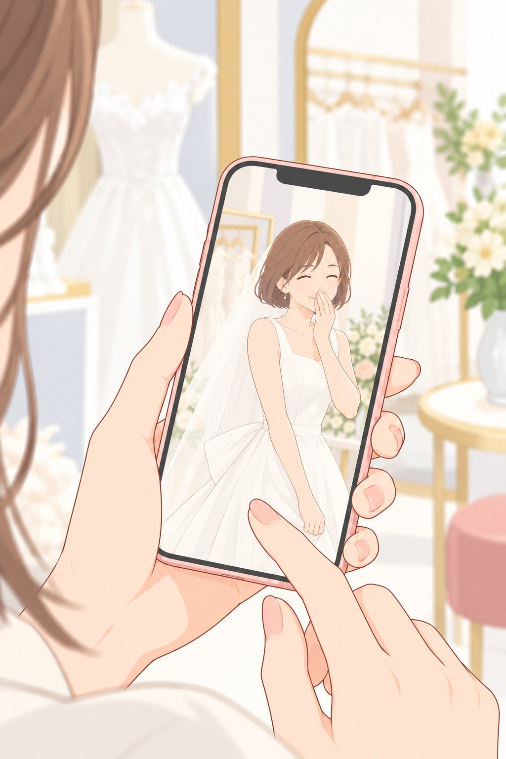 スマホを持つ手の寄り。画面には、ドレスで笑いながら手で口元を隠す、さっき撮った写真。