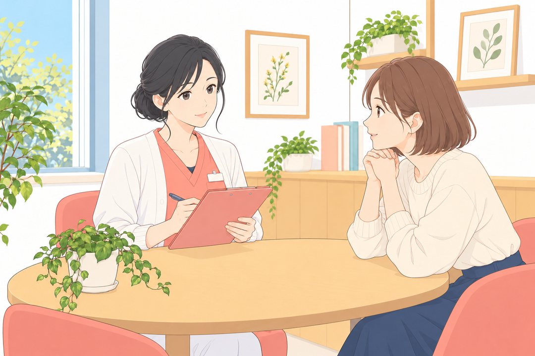 歯科医院の明るい相談の部屋。左に、紙を挟んだ板にペンで書きながら、口を閉じたまま小さくほほえむ若い相談係。右に、両手にあごをのせて身を乗り出す美緒。机の上に、小さな観葉植物。