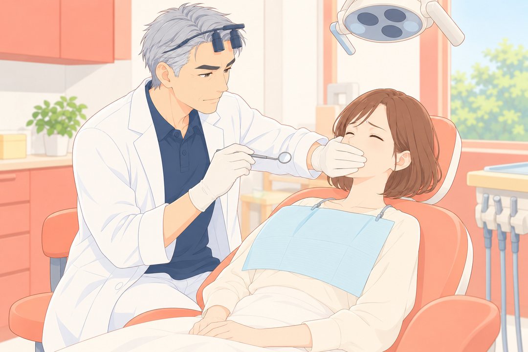 診療室。左で、院長が歯科の小さな鏡を手に、診療台の美緒の口の中を見ている。右の診療台の美緒は、目を閉じて少し緊張している。歯は見えない。