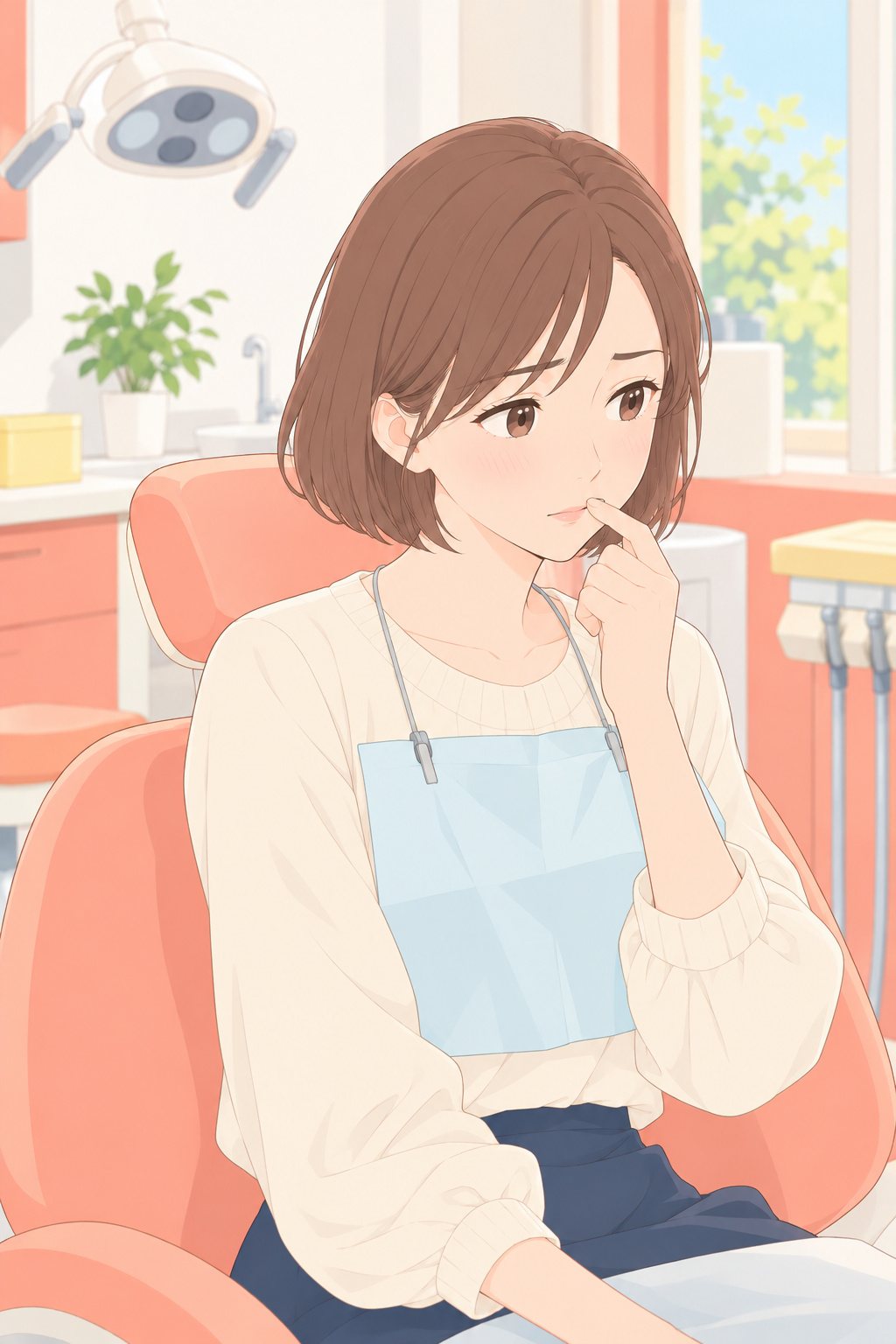 診療台で体を起こした美緒が、胸に紙のエプロンを掛けたまま、上唇に指をあてて、少し困った顔で思い出している。