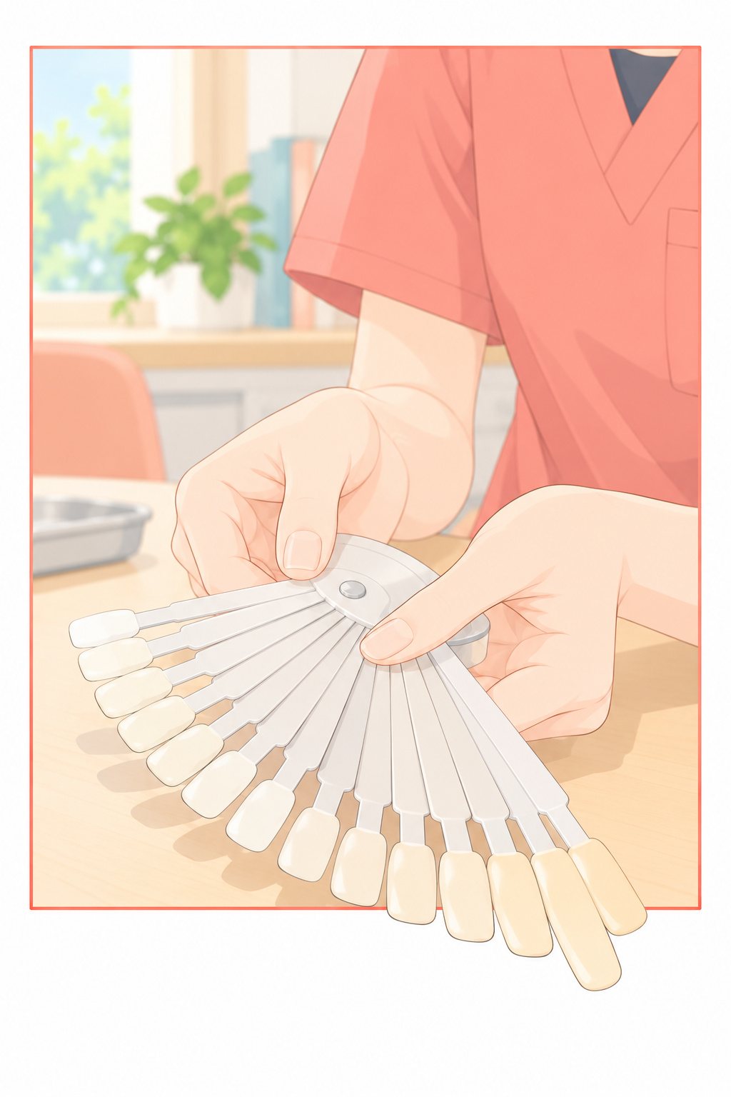 相談の机の上。しずくの両手が、歯の色の見本（白からクリーム色まで、少しずつ色の違う小さな札が扇のように並ぶ物。字は無い）を広げる。扇の先の札が、絵の枠の下の線を越えて手前へ出る。