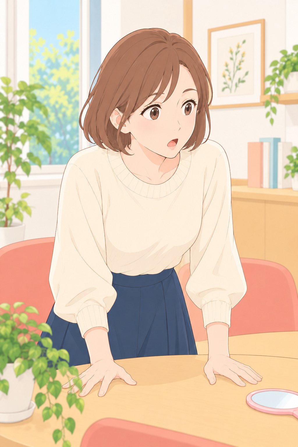 思わず椅子から立ち上がる美緒。目を丸くして、机に両手をつく。