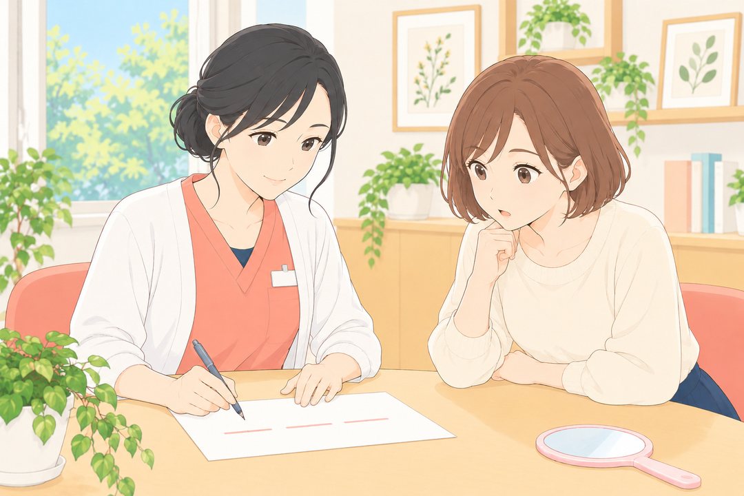 相談の机。左で、しずくが白い紙にペンで短い線を順に引いている（字は無い）。右で、美緒があごに指をあてて、紙をのぞき込む。机の端に手鏡。