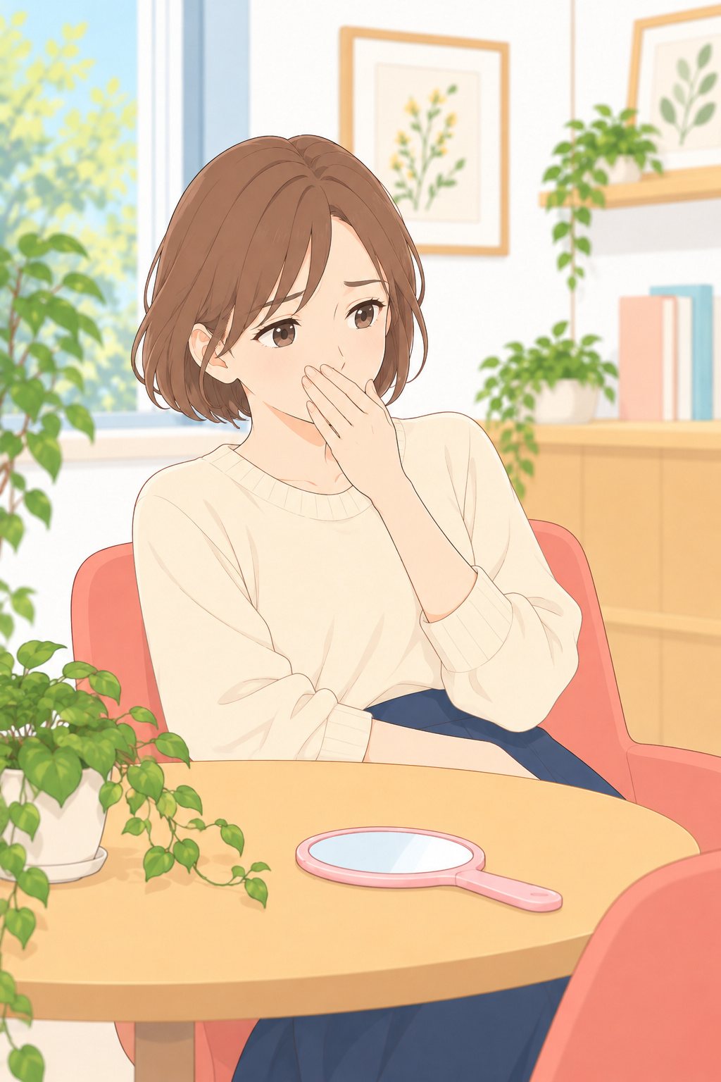 相談の机の向こうで、肩を落とす美緒。また片手で口元を隠し、目が少しうるんでいる。