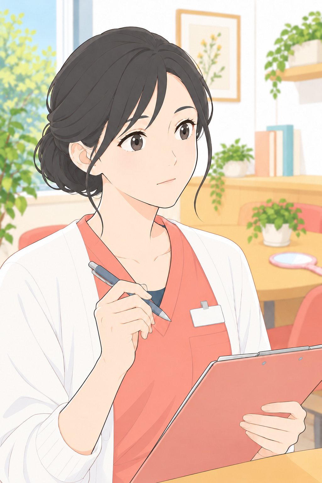 しずくの顔の寄り。口を閉じたまま、何かに気づいた目。手にしたペンを止めている。