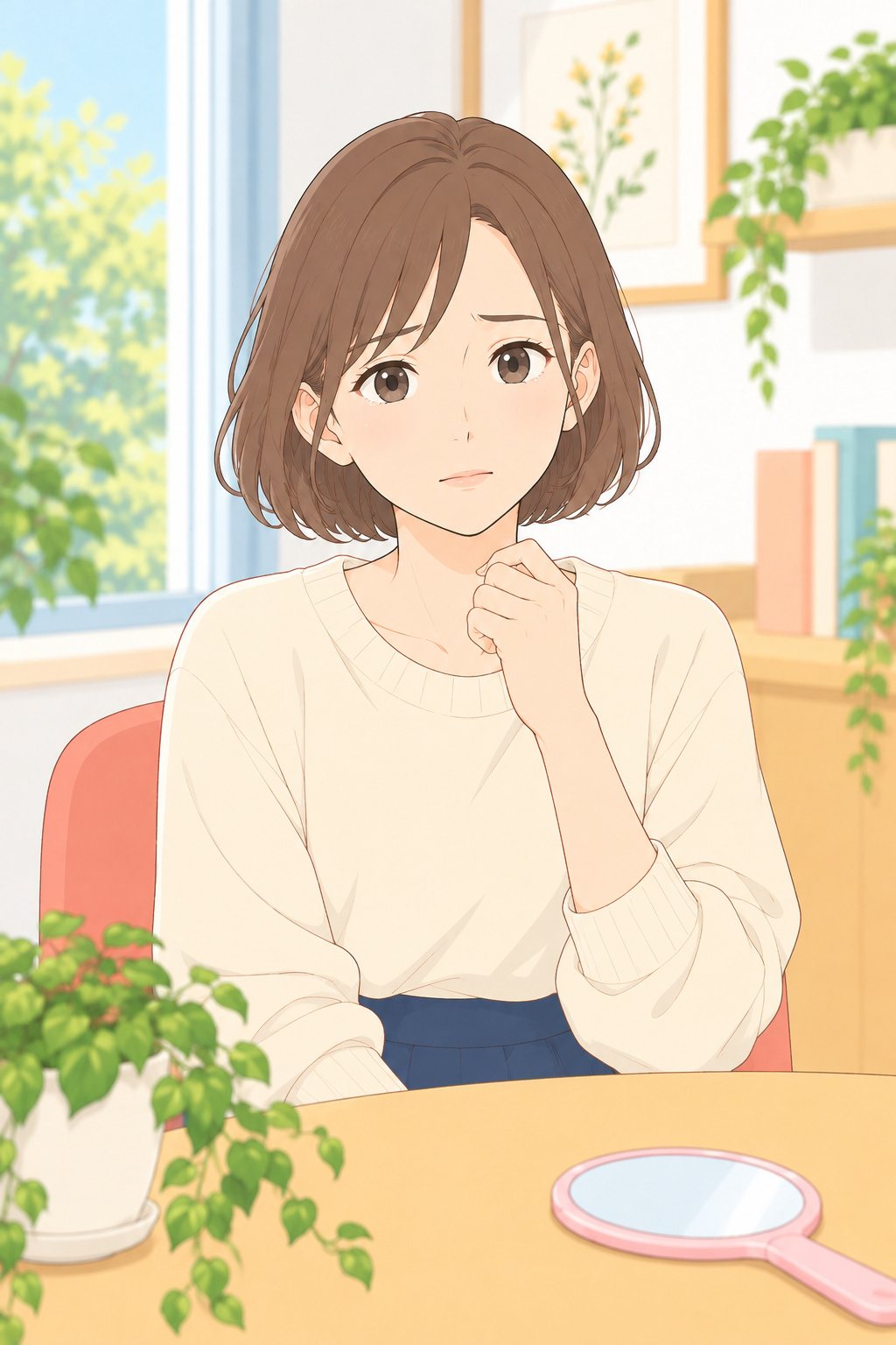 口元から、ゆっくり手を下ろす美緒。まっすぐしずくを見る、正直な顔。