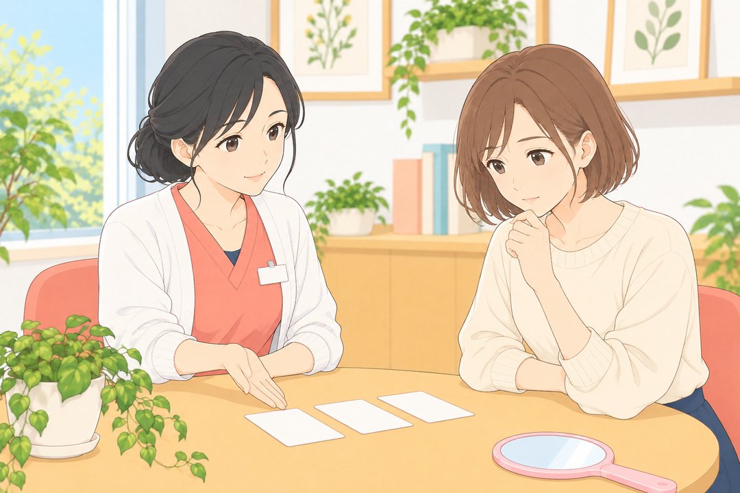 相談の机。左で、しずくが何も書いていない3枚のカードを、右の美緒の方へ並べて差し出す。美緒は1枚ずつ見比べている。