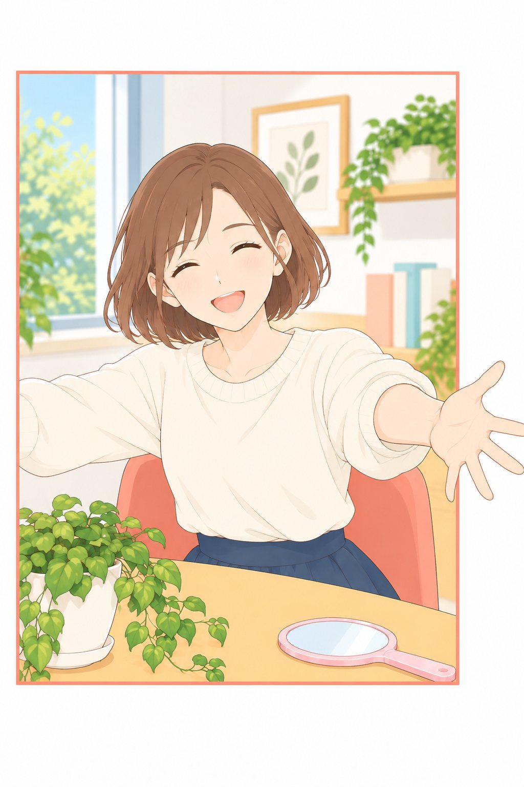 吹っ切れたように、片手を画面の右へ大きく伸ばして、声を出して笑う美緒。口元を隠していない。伸ばした手が、絵の枠の右の線を越えて外へ出る。