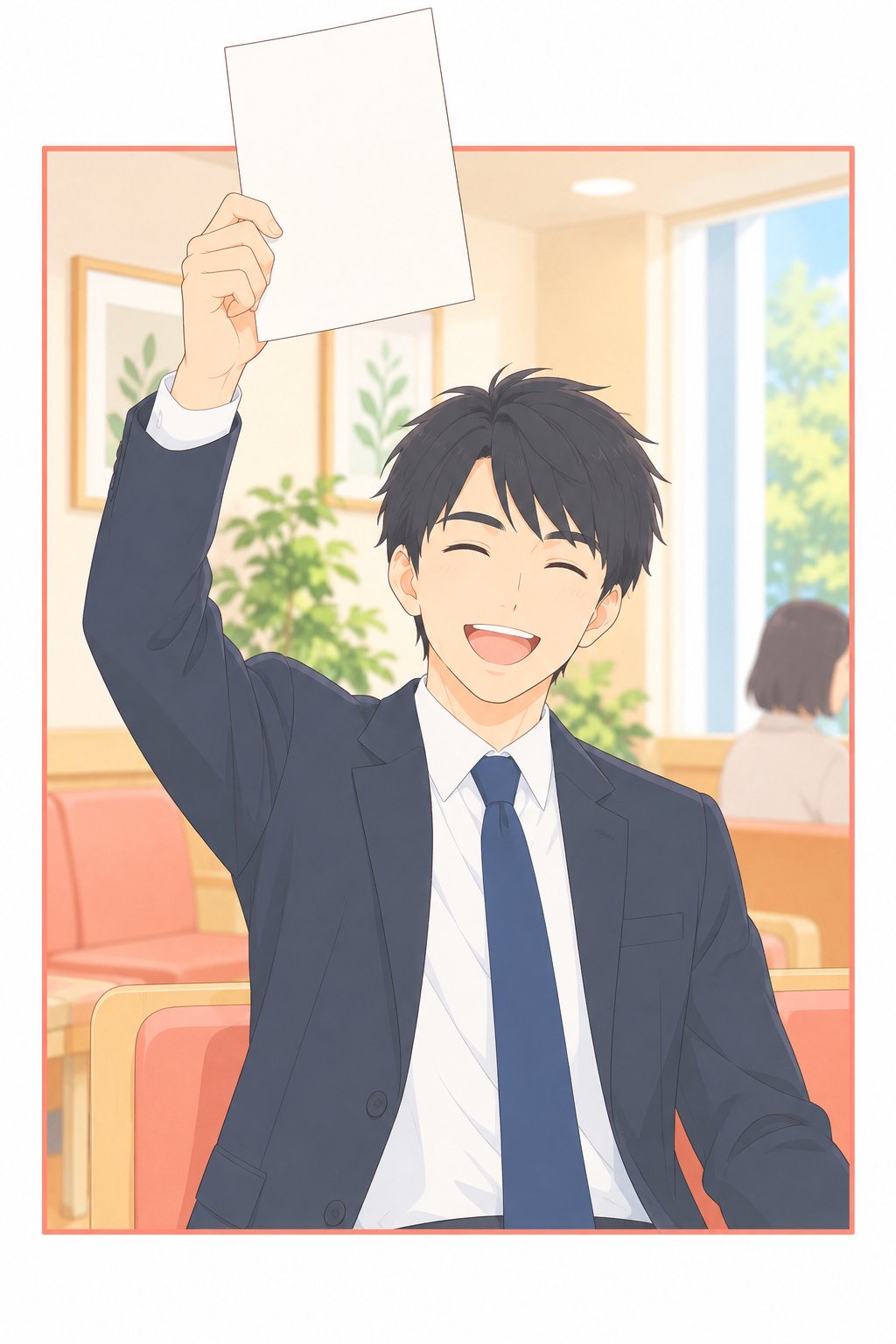 朝の待合室。リクルートスーツの若い男性が、満面の笑みで、何も書いていない相談の紙を頭の上に高く掲げる。掲げた紙が、絵の枠の上の線を越えて外へ出る。