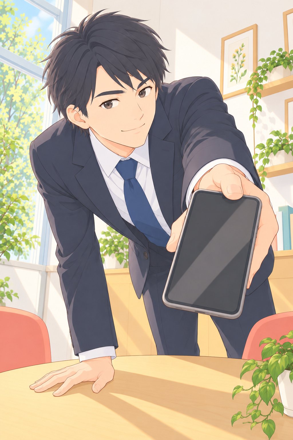 翌朝の相談の部屋。リクルートスーツの若い男性が、机に片手をついて身を乗り出し、もう片方の手のスマホを相談係の方へ突き出す。下から見上げる角度。