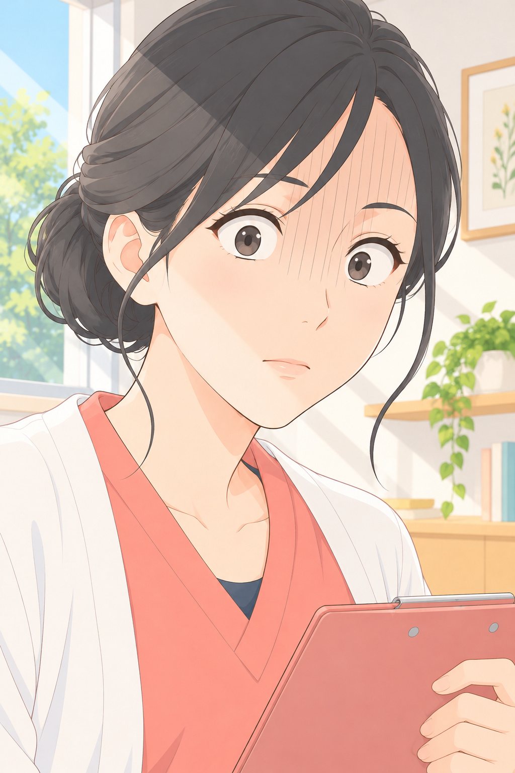しずくの顔の寄り。目を丸くし、顔に驚きの縦線。口は閉じたまま、紙ばさみを持つ手が止まる。