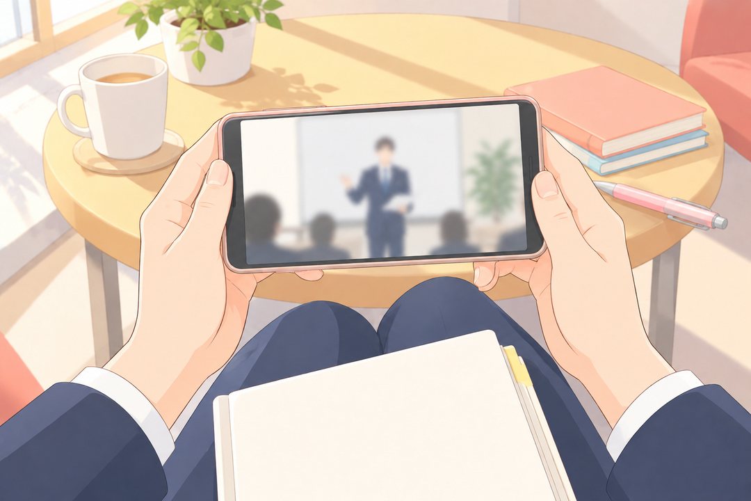 本人の目の高さから、両手で持つスマホを見下ろす。画面には、止めた面接の練習の動画(スーツの自分が小さく映る。歯は描かない)。膝の上に面接の本。