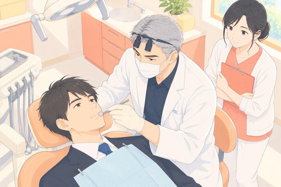 診療室を少し高い所から。診療台に横になった新の横で、院長が小さな鏡を手に口の中を見る。後ろで、しずくが紙ばさみを抱えて見守る。歯は見えない。
