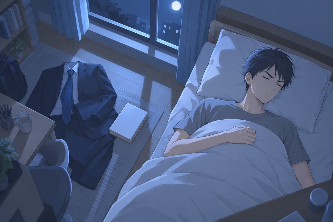 夜のワンルームを高い所から。床に、脱いだリクルートスーツと面接の本。ベッドで眠る新が、あごに力を入れて歯を食いしばっている。窓から月の青い光。