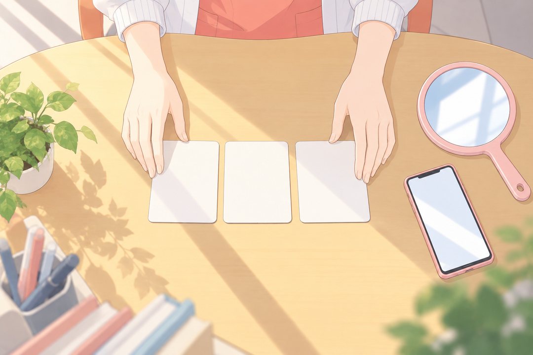 相談の机を真上から。しずくの手が、何も書いていない3枚のカードを並べる。横に手鏡と、新のスマホ。