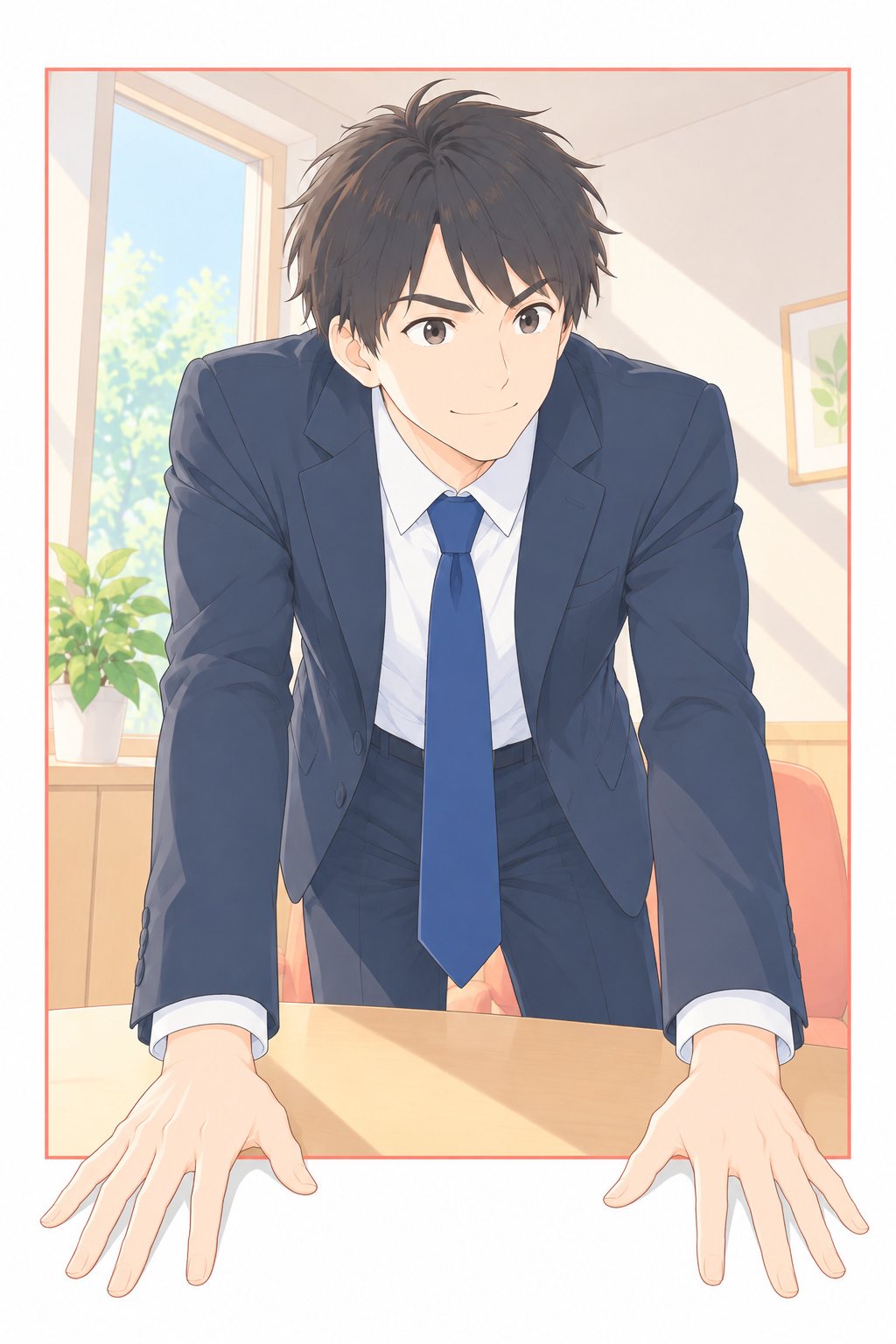 新が机に身を乗り出し、両手を机につく。目が輝いている。両手の指先が、絵の枠の下の線を越えて手前へ出る。