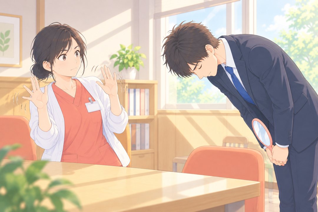 相談の部屋。右で新が立ち上がって深く頭を下げ、手には手鏡を持ったまま。左で、しずくが少しあわてて両手を振る。