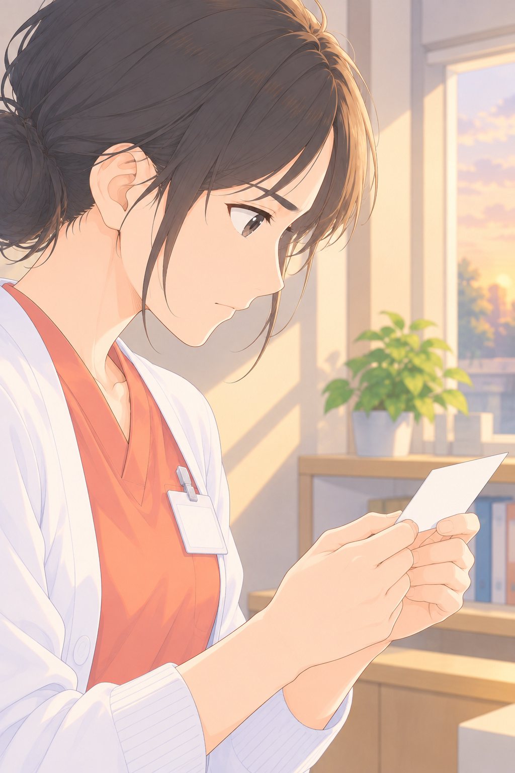 予約のカードを両手で持つしずくの横顔の寄り。口を閉じたまま、眉を少し寄せる。