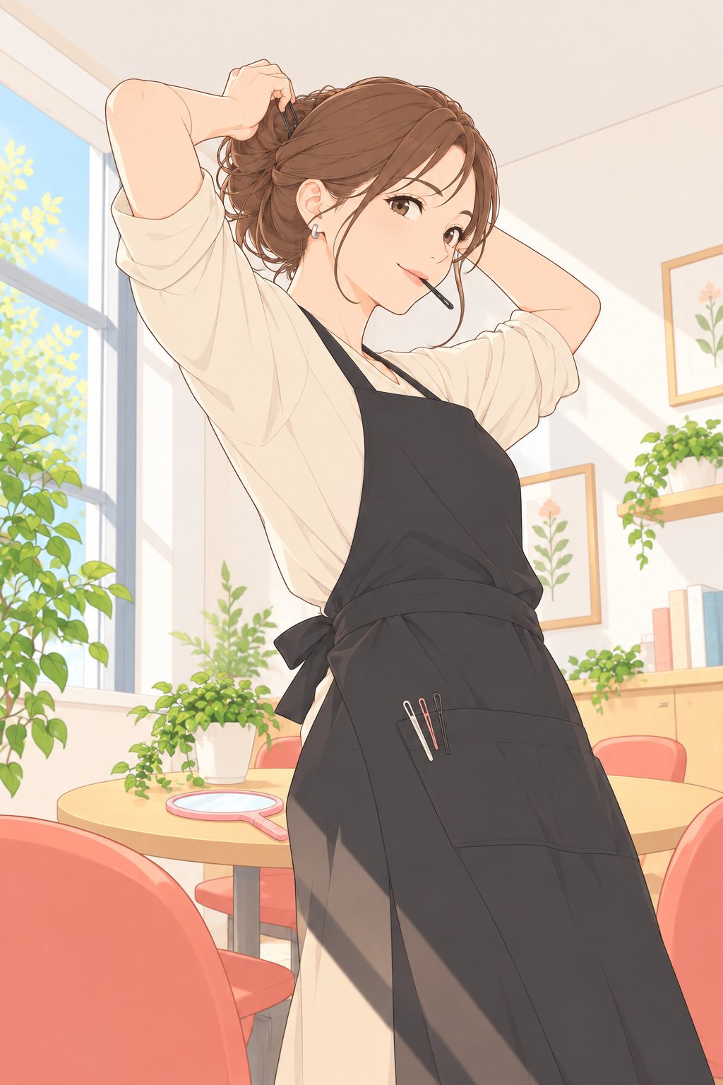 朝の相談の部屋。黒いエプロン姿の30代の女性が、椅子に座る前に、唇にヘアピンをくわえたまま、両手で髪をまとめ上げている。少し下から見上げる角度。