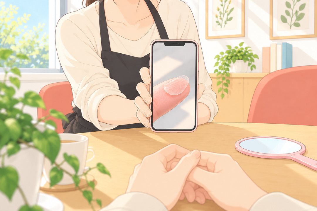 玲奈が差し出すスマホの画面を、相談係の目の高さから。画面には、指先にのせた薄い板の写真（字も歯も描かない）。