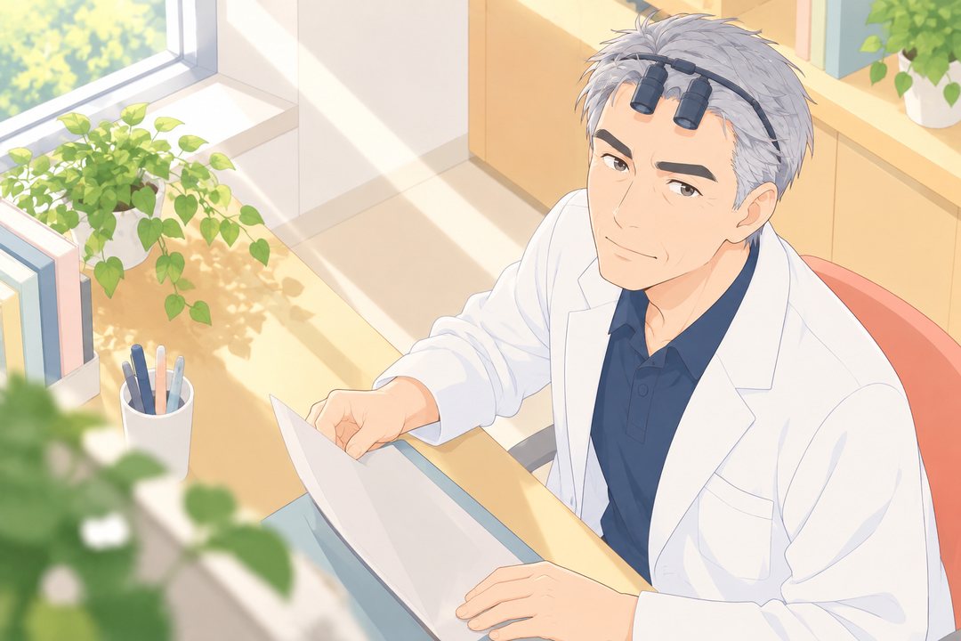 相談の部屋の奥の机で、カルテを読んでいた院長が、額の拡大鏡の下から顔を上げ、口元に小さな笑み。高い所から見下ろす角度。
