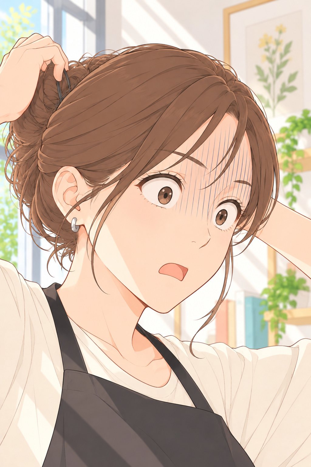 玲奈の顔の寄り。目を見開いて固まり、顔に驚きの縦線。両手は髪のまとめ目に当てたまま。