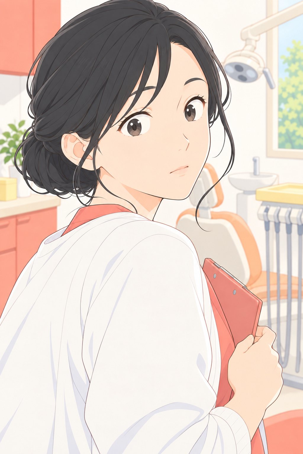 しずくの顔の寄り。肩越しに、相談の部屋の方をはっと振り返る。口を閉じたまま、紙ばさみを握る指に力が入る。