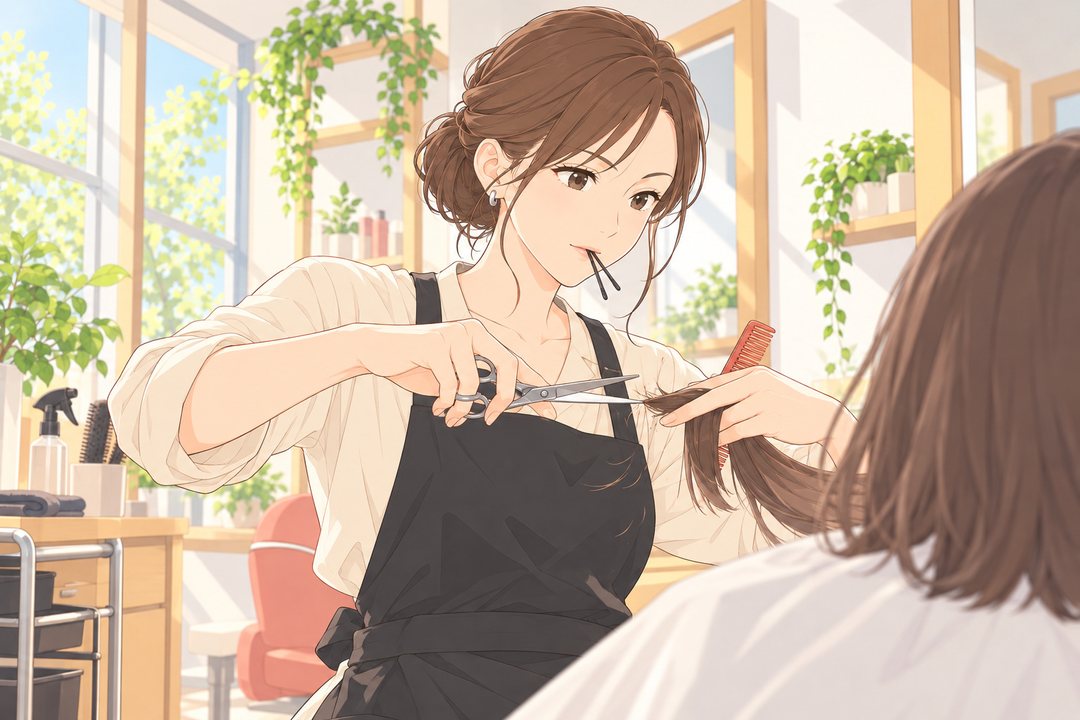 美容室で、客の髪を切る玲奈。唇にヘアピンを2本くわえ、手はハサミとくし。