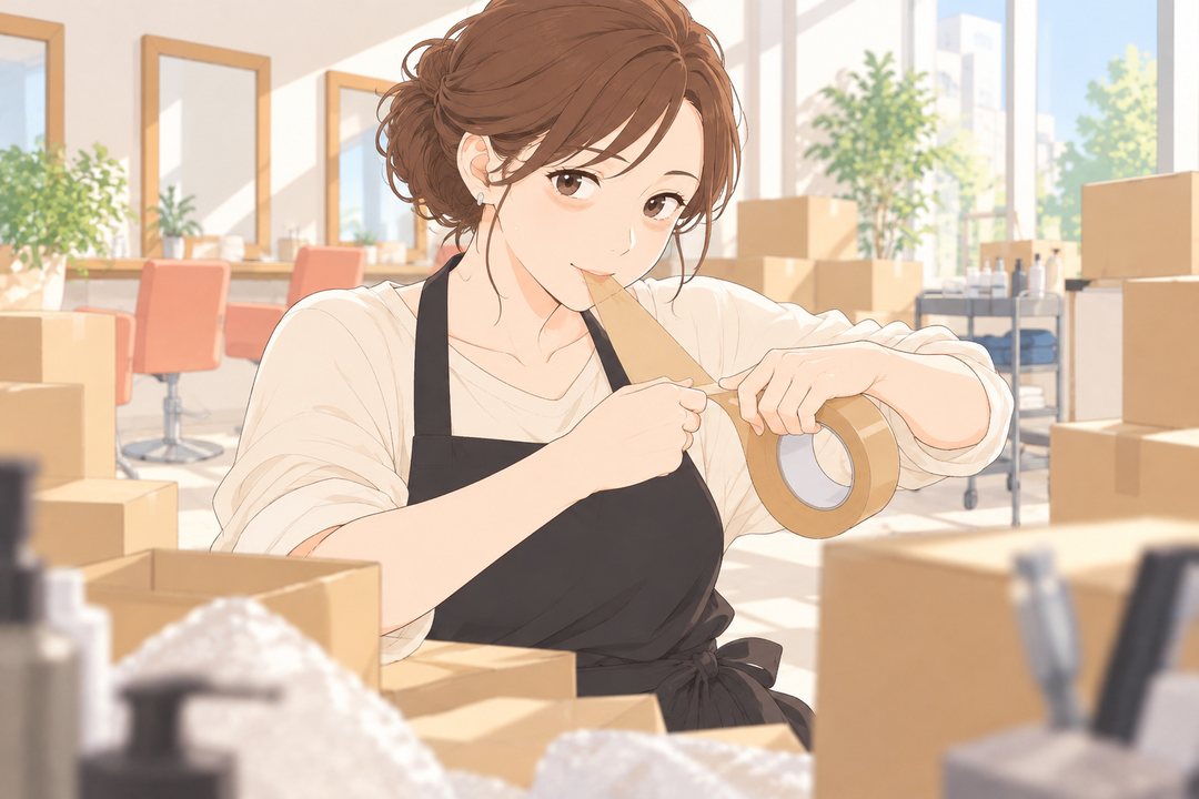 開店の準備の店。段ボールの山の前で、玲奈が前歯でガムテープを切っている。