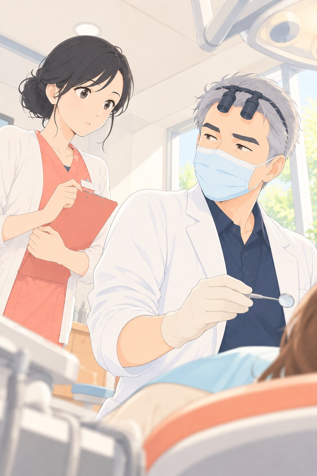 診療台のそばで、院長がしずくの方へ少しだけ顔を向ける。口元はマスクで、目だけがやわらぐ。しずくは驚いて背筋を伸ばす。少し下から。