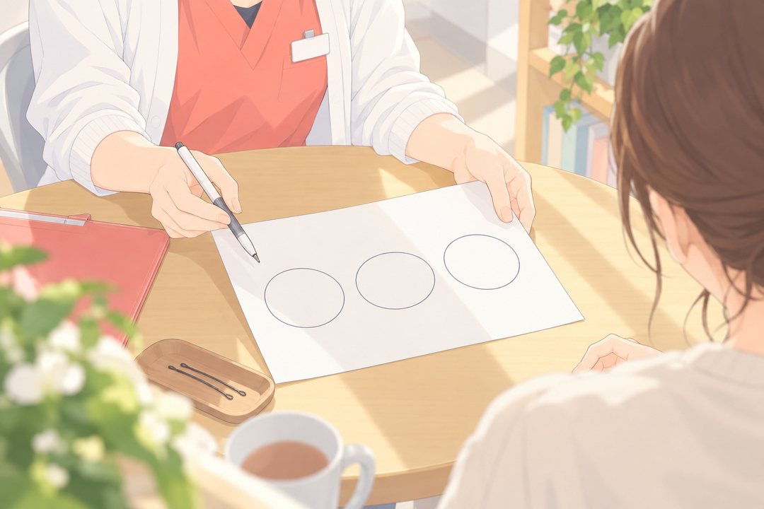 相談の机を少し高い所から。しずくがペンで白い紙に3つの丸を描き、玲奈の方へ向けて差し出す(字は無い)。机の端の小皿に、玲奈の外したヘアピン。