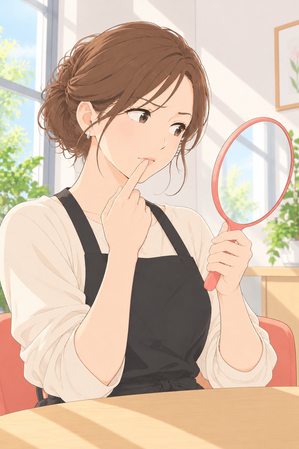 玲奈が手鏡を顔の横に持ち、眉を寄せて鏡をのぞく。鏡には窓の光がぼんやり映るだけ。もう片方の人差し指で、閉じた唇の上から前歯の先のあたりを指す。